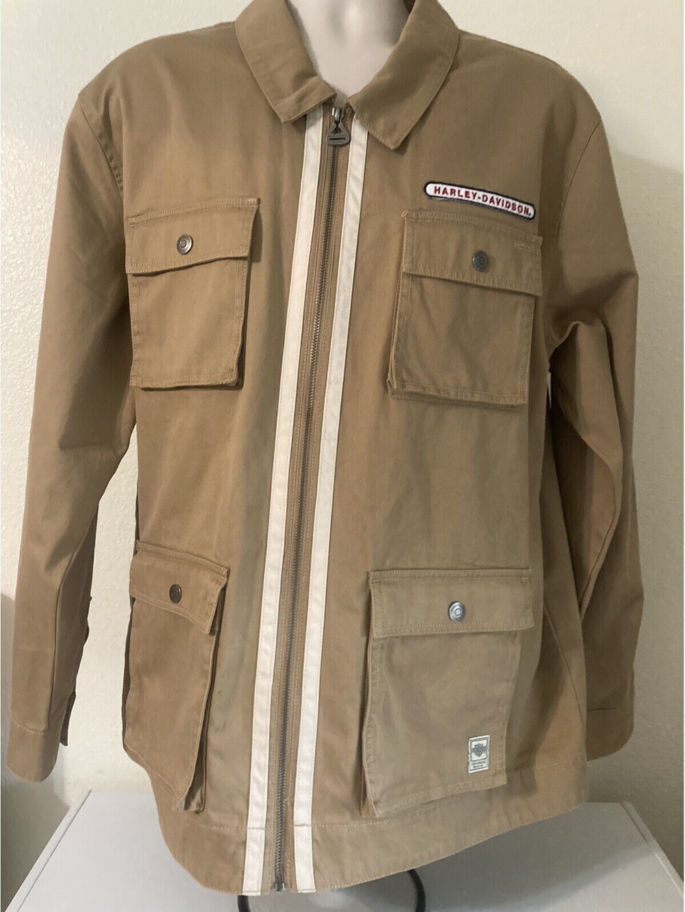Harley Davidson Jacket Men 2XL Beige Slim Coat Biker Motorcycle Logo Rugged